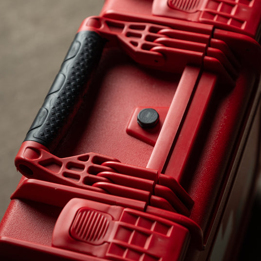 Rugged latch and handle detail on the waterproof HARD Case first aid kit