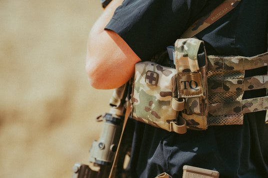 Multicam EDC Trauma Kit worn on a battle belt
