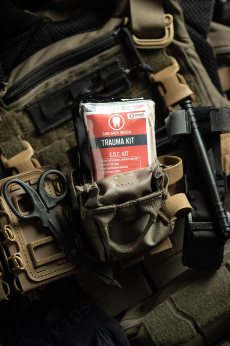 Coyote Brown EDC Trauma Kit on a plate carrier with insert