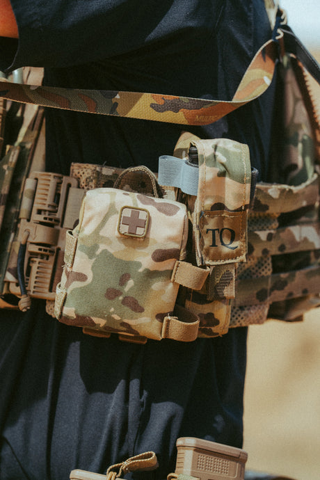 Multicam EDC Trauma Kit mounted on a chest rig