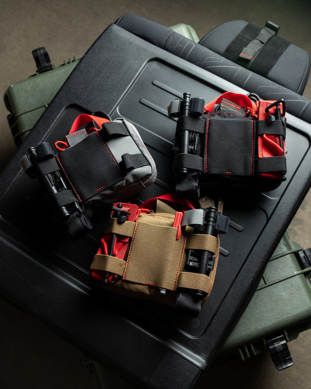HEDR headrest trauma kits in black, wolf grey, and coyote brown