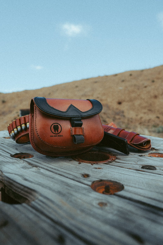 Handcrafted top-grain leather pouch of the Frontier T.R.A.I.L. trauma kit with laser-engraved logo